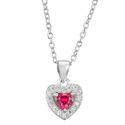 Fine Jewelry Kids' Girls Red Cubic Zirconia Sterling Silver Heart 15 Inch Pendant Necklace In Metallic