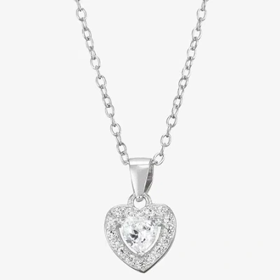 Fine Jewelry Kids' Girls White Cubic Zirconia Sterling Silver Heart 15 Inch Pendant Necklace In Metallic