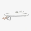 Fine Jewelry "grandma" Womens Lab Created White Sapphire 10k Rose Gold Sterling Silver Flower Heart Bolo Bracelet In Transparent