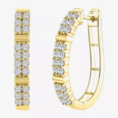 Fine Jewelry (h-i / I1) Womens 1 Ct. T.w. Lab Grown White Diamond 10k Gold 25.6mm Hoop Earrings In Transparent
