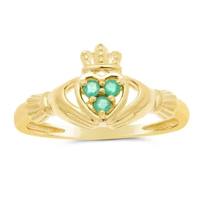 Fine Jewelry Heart-shaped Genuine Emerald 10k Yellow Gold Claddagh Ring In Green