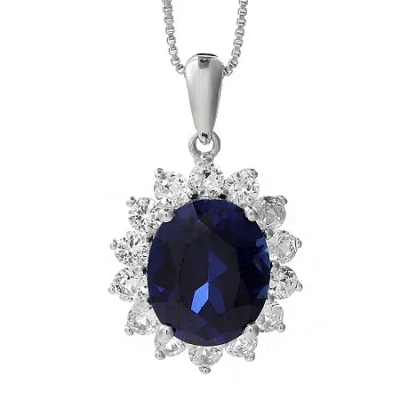 Fine Jewelry Lab-created Blue And White Sapphire Starburst Pendant Necklace In Silver