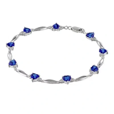 Fine Jewelry Lab-created Blue Sapphire Heart-shaped Sterling Silver Bracelet In Transparent