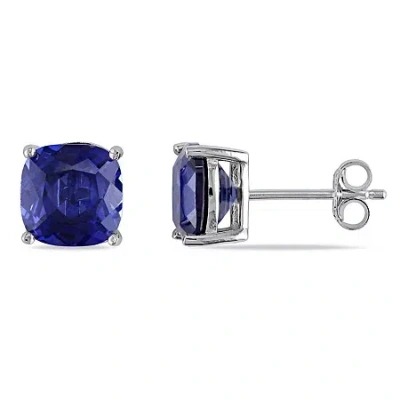Fine Jewelry Lab Created Blue Sapphire Sterling Silver 8mm Cushion Stud Earrings In Transparent