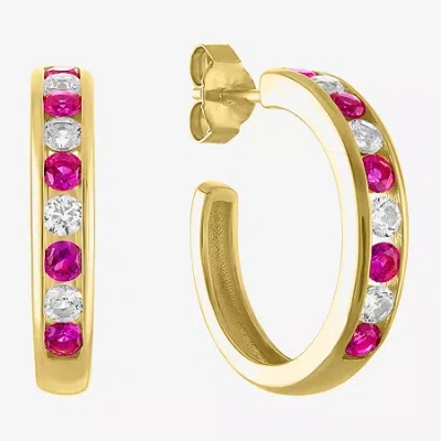 Fine Jewelry Lab Created Gemstone 14k Gold Over Silver 20mm Hoop Earrings In Red