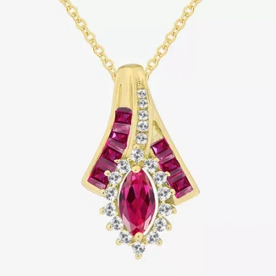 Fine Jewelry Lab-created Gemstone 14k Gold Over Silver Marquise Pendant Necklace In Red