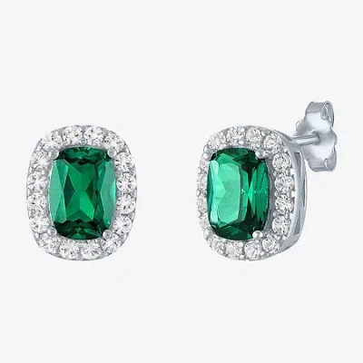 Fine Jewelry Lab Created Gemstone Sterling Silver 10.3mm Halo Stud Earrings In Green