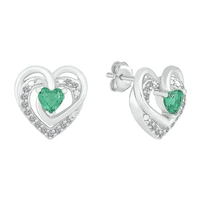 Fine Jewelry Lab Created Green Emerald Sterling Silver 12mm Heart Stud Earrings In Transparent