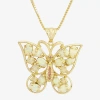 Fine Jewelry Lab-created Opal And Pink Sapphire Butterfly Pendant Necklace In Yellow
