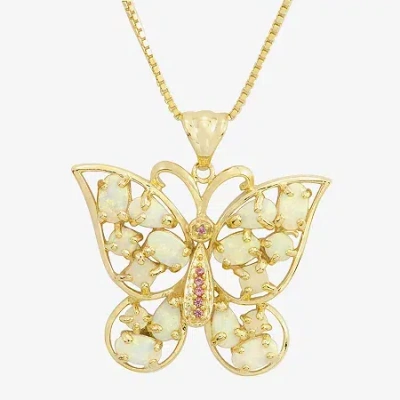 Fine Jewelry Lab-created Opal And Pink Sapphire Butterfly Pendant Necklace In Yellow
