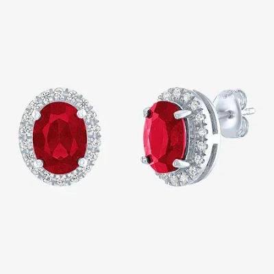 Fine Jewelry Lab Created Red Ruby Sterling Silver 11.5mm Oval Stud Earrings In Transparent