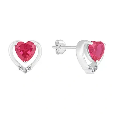 Fine Jewelry Lab Created Red Ruby Sterling Silver 8mm Heart Stud Earrings In Transparent