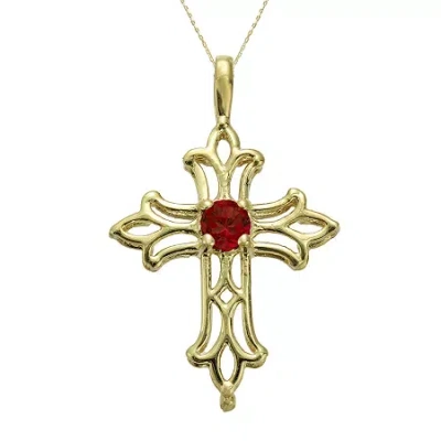 Fine Jewelry Lab-created Ruby 10k Yellow Gold Cross Pendant Necklace In Red