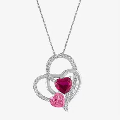 Fine Jewelry Lab-created Ruby & Pink & White Sapphire Sterling Silver Interlocking Heart Pendant Necklace