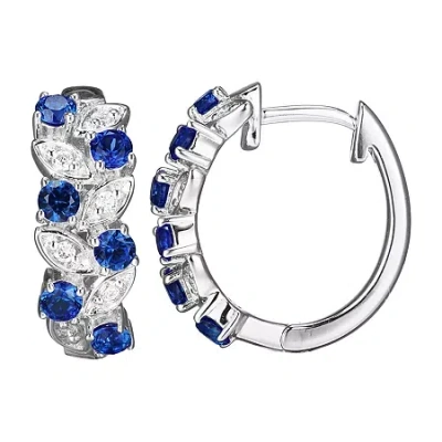 Fine Jewelry Lab Grown Blue Sapphire & 1/10 Ct. T.w. Lab Grown White Diamond Sterling Silver 16.5mm Hoop Earrings In Transparent
