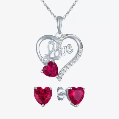 Fine Jewelry "love" Womens Lab Created Red Ruby Sterling Silver Heart Jewelry Set In Transparent