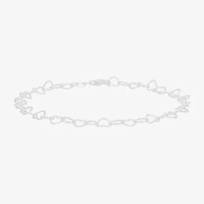 Fine Jewelry Made In Italy Womens Sterling Silver 9 Inch Solid Link Heart Ankle Bracelet In White