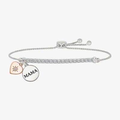 Fine Jewelry "mama" Womens Lab Created White Sapphire 10k Rose Gold Sterling Silver Heart Bolo Bracelet In Transparent