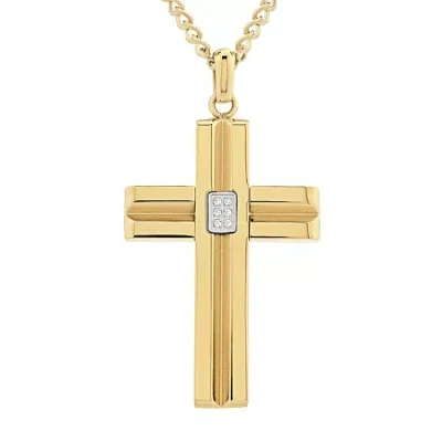Fine Jewelry Mens 1/10 Ct. T.w. White Cubic Zirconia Gold Ion Plated Stainless Steel Cross Pendant Necklace In Transparent