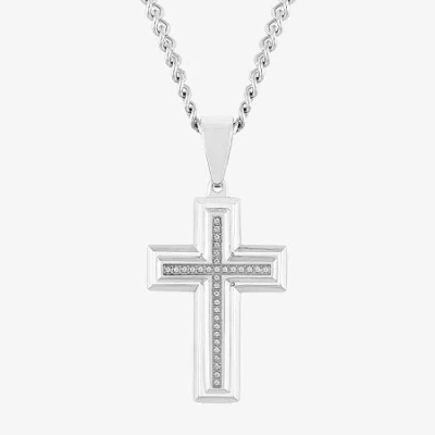 Fine Jewelry Mens 1/10 Ct. T.w. White Diamond Stainless Steel Cross 24 Inch Pendant Necklace