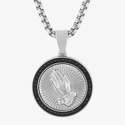 Fine Jewelry Mens 1/4 Ct. T.w. Natural Diamond Stainless Steel Circle Prayer Hands Pendant Necklace In White