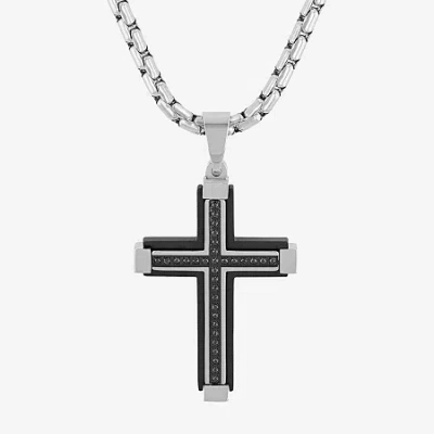 Fine Jewelry Mens 1/7 Ct. T.w. Natural Diamond Stainless Steel Cross Pendant Necklace In Black