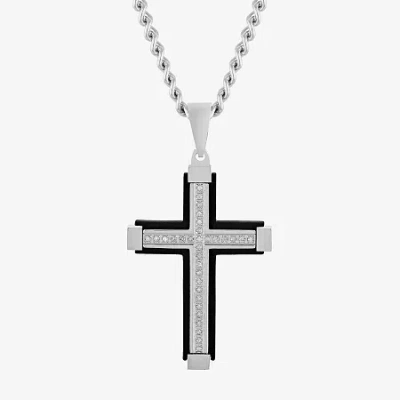 Fine Jewelry Mens 1/7 Ct. T.w. Natural Diamond Stainless Steel Cross Pendant Necklace In White