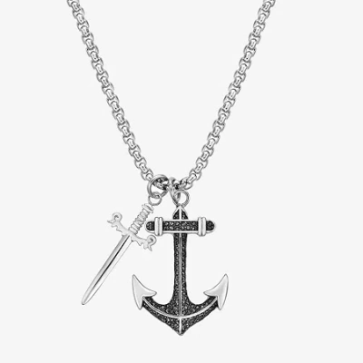 Fine Jewelry Mens 2 Ct. T.w. Black Cubic Zirconia Stainless Steel Anchor & Sword Pendant Necklace In Transparent