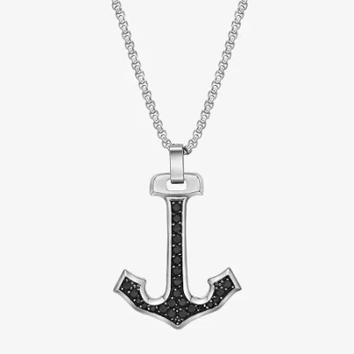 Fine Jewelry Mens 3 Ct. T.w. Black Cubic Zirconia Stainless Steel Anchor 24 Inch Pendant Necklace In Transparent