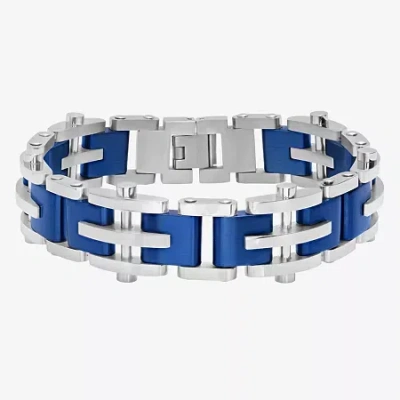 Fine Jewelry Mens 8 1/2 Inch Stainless Steel Blue Ip Finish Cross And Bar Link Bracelet In Multi