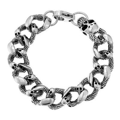 Fine Jewelry Mens Antique Finish Stainless Steel Skull Head Bracelet In White