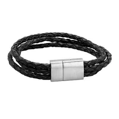 Fine Jewelry Mens Black Braided Leather And Stainless Steel Bracelet In White