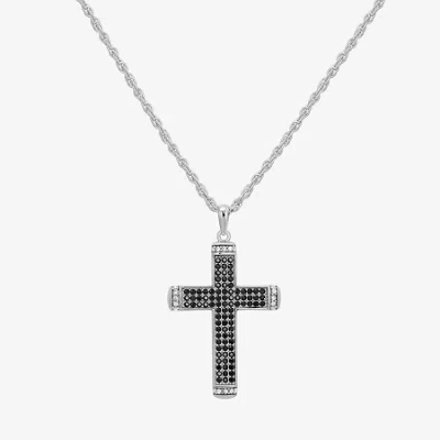 Fine Jewelry Mens Black Cubic Zirconia Sterling Silver Cross 24 Inch Pendant Necklace In Transparent