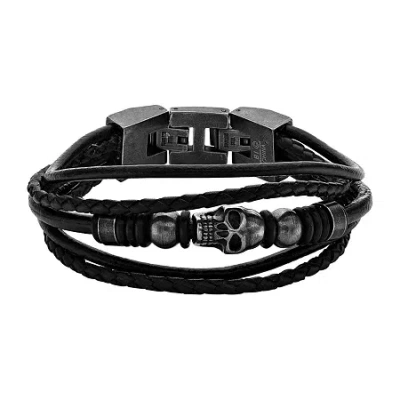 Fine Jewelry Mens Black Leather And Stainless Steel Skull Bracelet