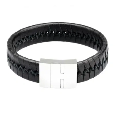 Fine Jewelry Mens Black Leather With Stainless Steel Bracelet In White