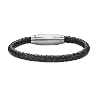 Fine Jewelry Mens Braided Black Leather Stainless Steel Bracelet In White