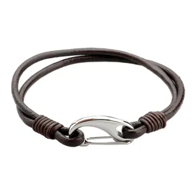 Fine Jewelry Mens Brown Leather And Stainless Steel Bracelet In White