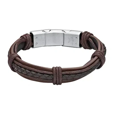 Fine Jewelry Mens Brown Leather Stainless Steel Bracelet In White