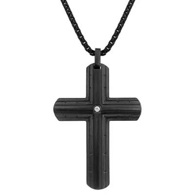 Fine Jewelry Mens Diamond Accent Diamond Stainless Steel Cross 24 Inch Pendant Necklace In Transparent
