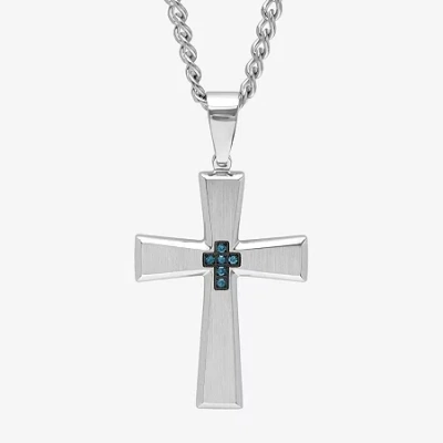 Fine Jewelry Mens Diamond-accent Stainless Steel Cross Pendant Necklace In Blue