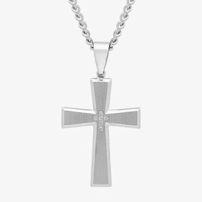 Fine Jewelry Mens Diamond-accent Stainless Steel Cross Pendant Necklace In White