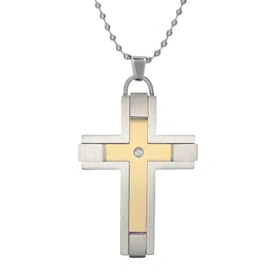Fine Jewelry Mens Diamond-accent Two-tone Stainless Steel Cross Pendant Necklace In Multi