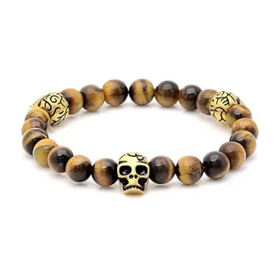 Fine Jewelry Mens Multi Color Tiger's Eye 18k Gold Stainless Steel Skull Beaded Bracelet In Transparent