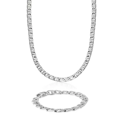 Fine Jewelry Mens Stainless Steel 10mm Marine Link Chain & Bracelet Boxed Set In White