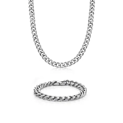 Fine Jewelry Mens Stainless Steel 12mm Chunky Curb Chain & Bracelet Boxed Set In White