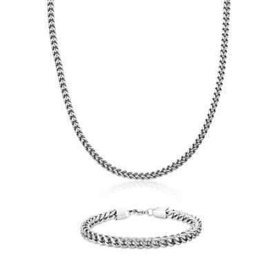 Fine Jewelry Mens Stainless Steel 6mm Foxtail Chain & Bracelet Boxed Set In White