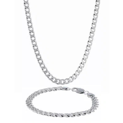 Fine Jewelry Mens Stainless Steel 7mm Curb Chain & Bracelet Boxed Set In White
