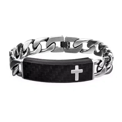 Fine Jewelry Mens Stainless Steel 8 1/2 Inch Curb Cross Id Bracelet In Transparent