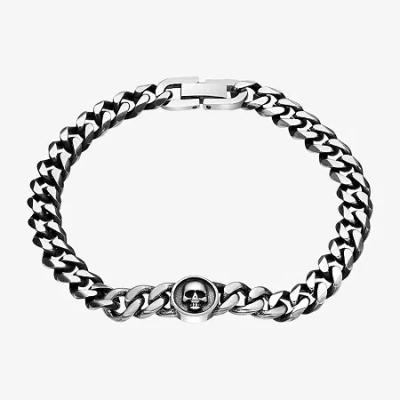 Fine Jewelry Mens Stainless Steel 8 1/2 Inch Solid Curb Skull Chain Bracelet In Transparent