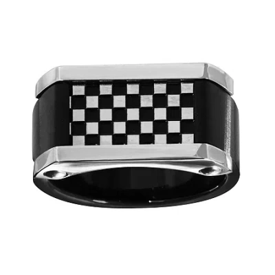 Fine Jewelry Mens Stainless Steel And Black Ion-plated Checkerboard Ring In Gray
